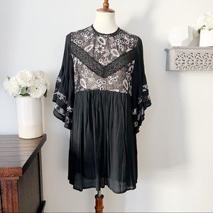 Umgee Boho Bliss black embroidered babydoll mini dress size small NEW with tags